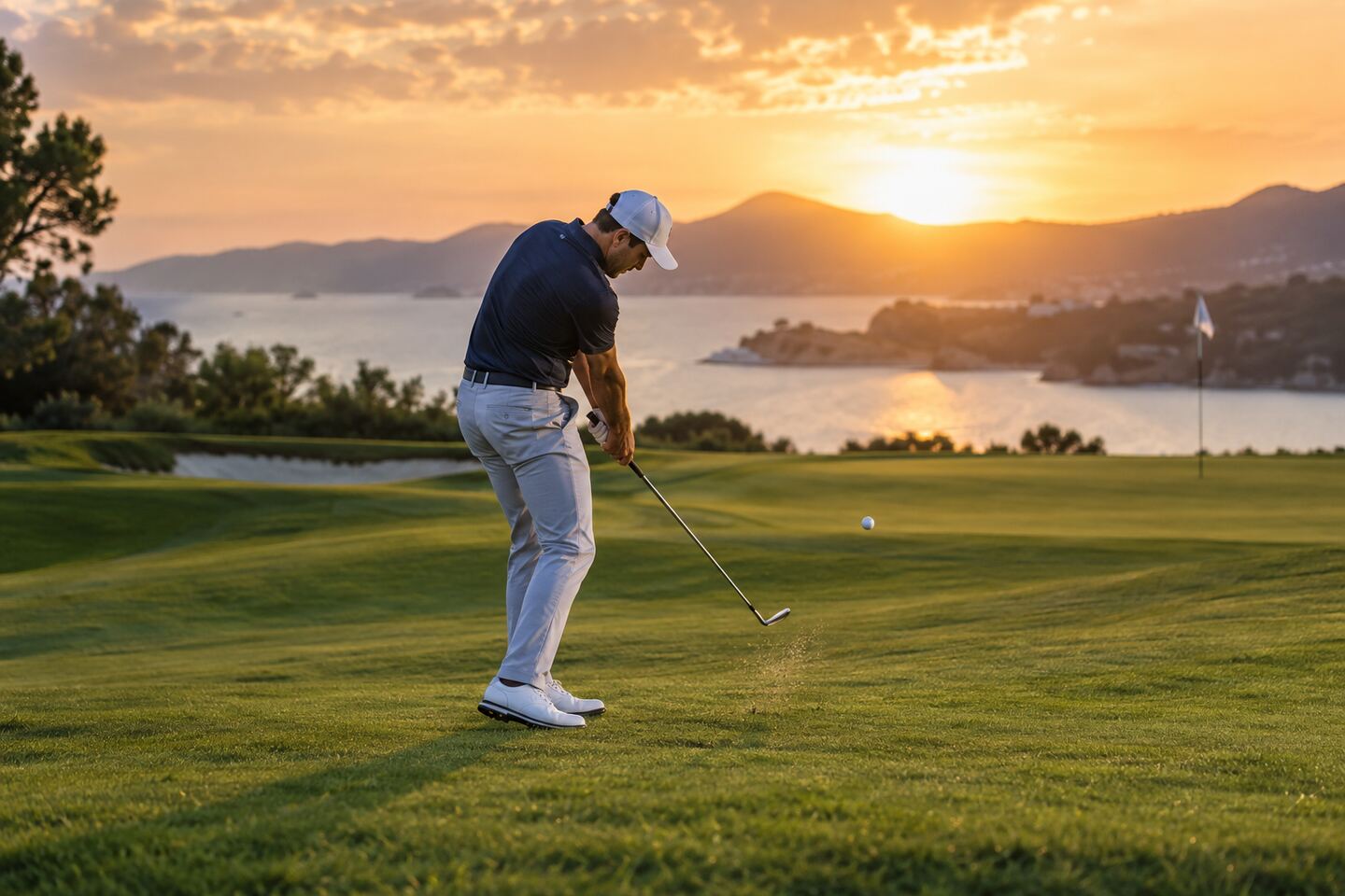 高尔夫球员在球道进行攻果岭击球